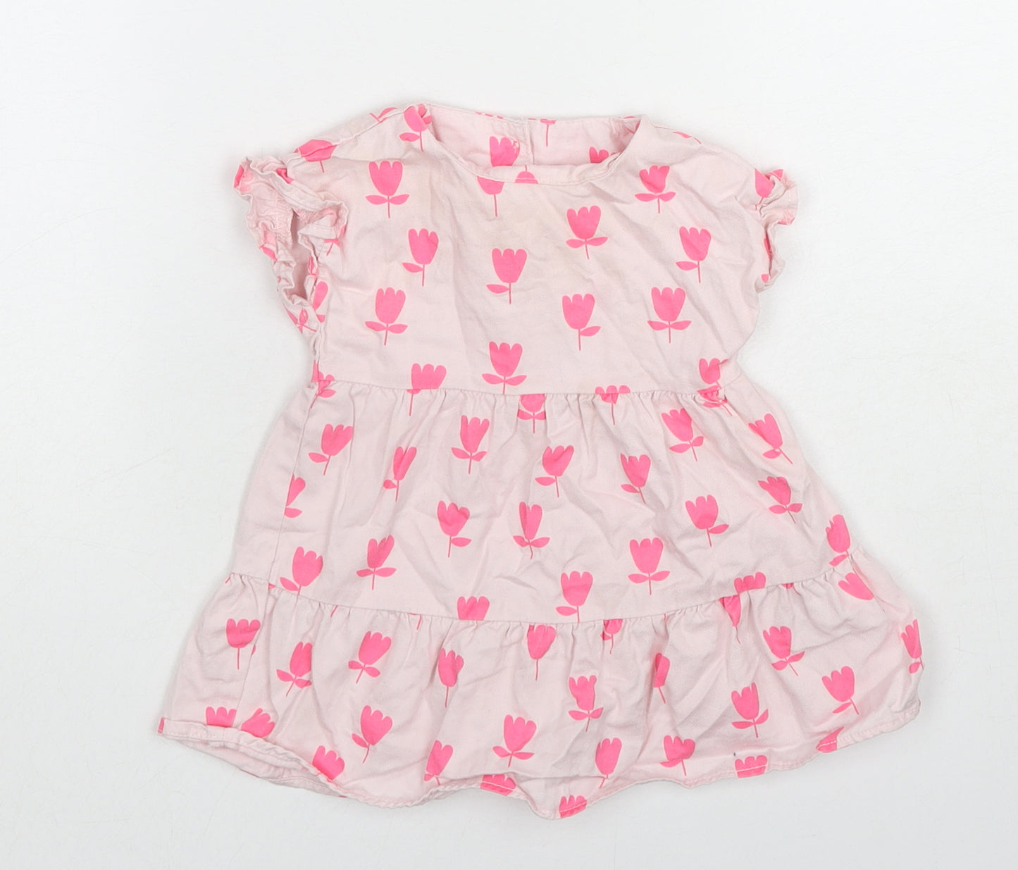 Marks and Spencer Girls Pink Floral Cotton A-Line Size 3-6 Months Round Neck Button