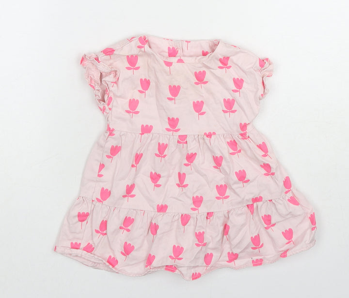 Marks and Spencer Girls Pink Floral Cotton A-Line Size 3-6 Months Round Neck Button