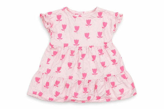 Front view of Marks & Spencer girls’ pink floral cotton a-line, size 3-6, months round neck button