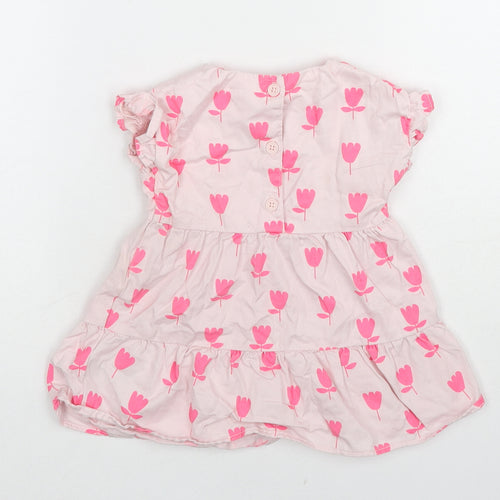 Marks and Spencer Girls Pink Floral Cotton A-Line Size 3-6 Months Round Neck Button