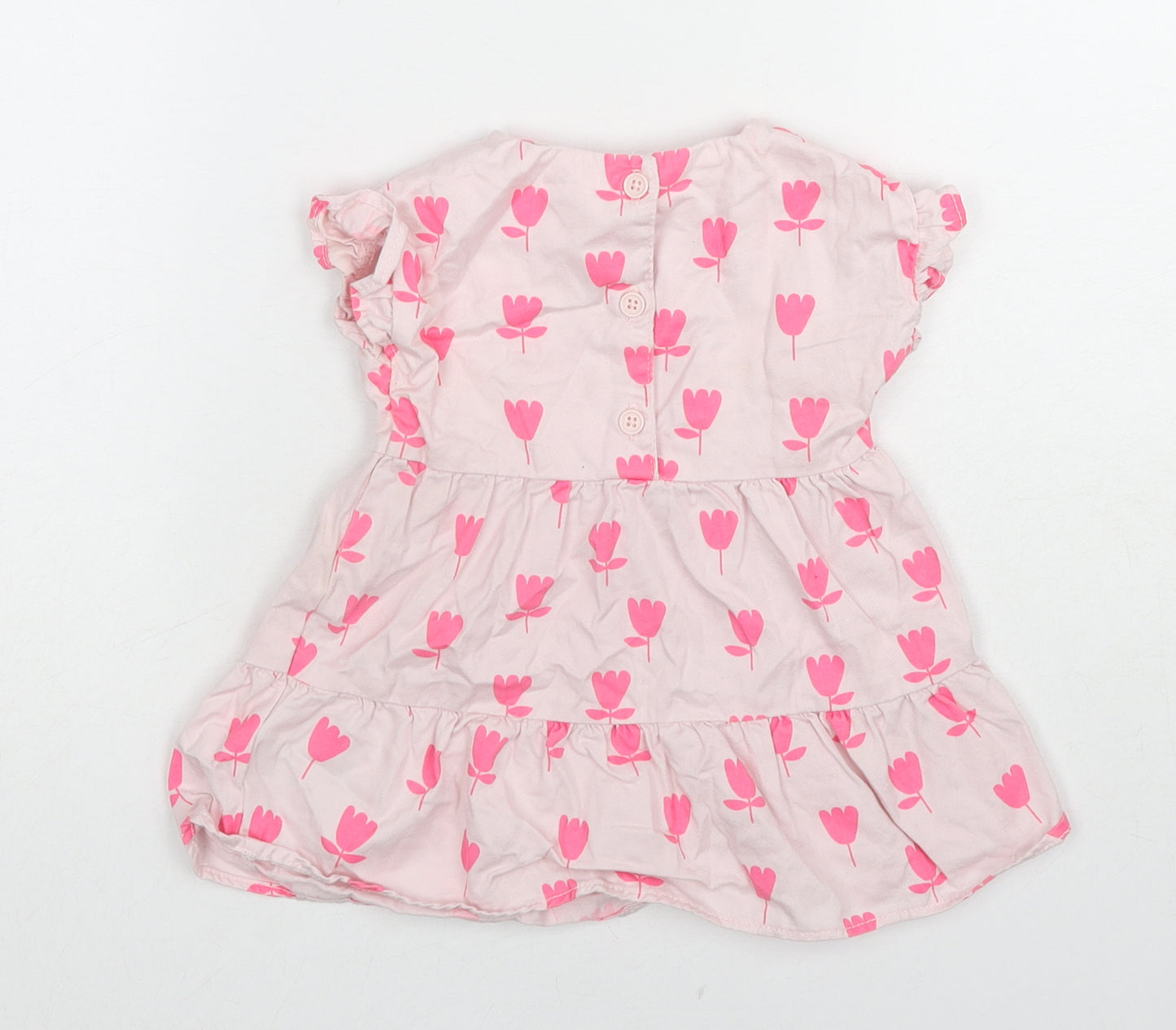 Marks and Spencer Girls Pink Floral Cotton A-Line Size 3-6 Months Round Neck Button