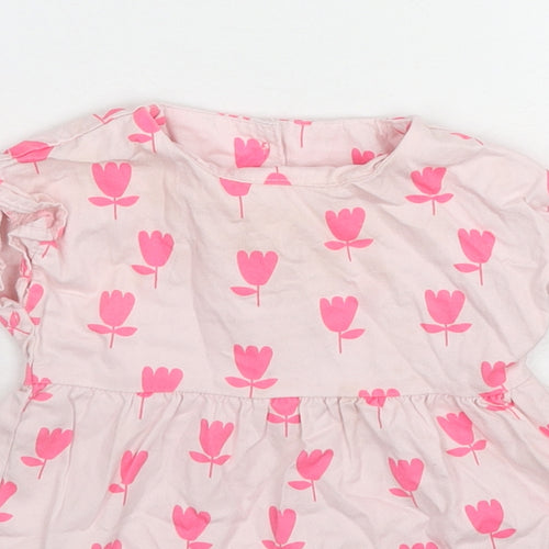 Marks and Spencer Girls Pink Floral Cotton A-Line Size 3-6 Months Round Neck Button