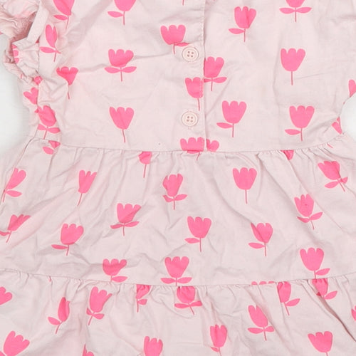 Marks and Spencer Girls Pink Floral Cotton A-Line Size 3-6 Months Round Neck Button