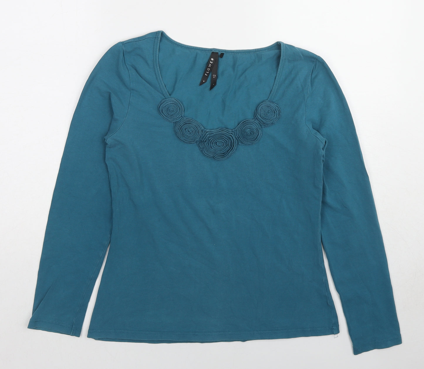 FLOWER Womens Blue Cotton Basic T-Shirt Size 12 Scoop Neck