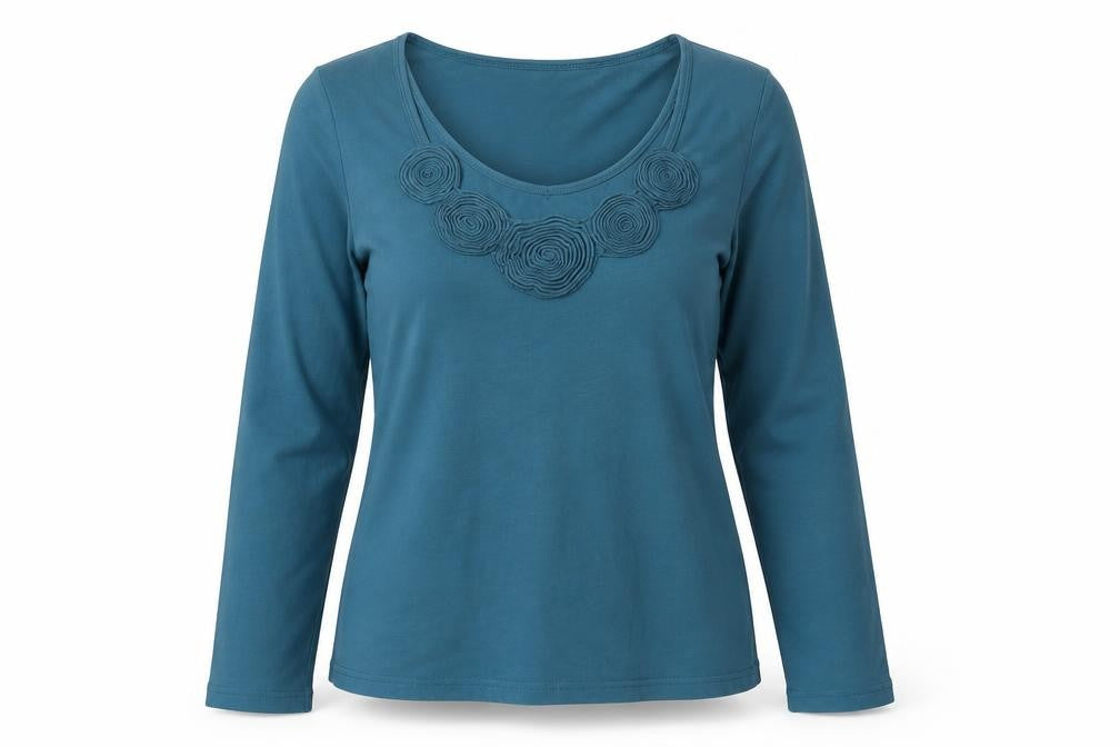 Front view of FLOWER women’s blue cotton basic t-shirt, size UK 12, scoop neck