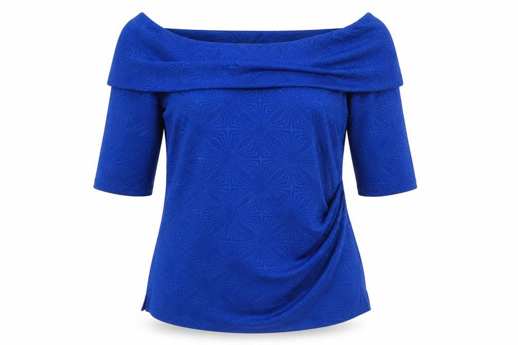 Front view of Jolie Moi women’s blue geometric polyester basic blouse, size UK 12, off the shoulder