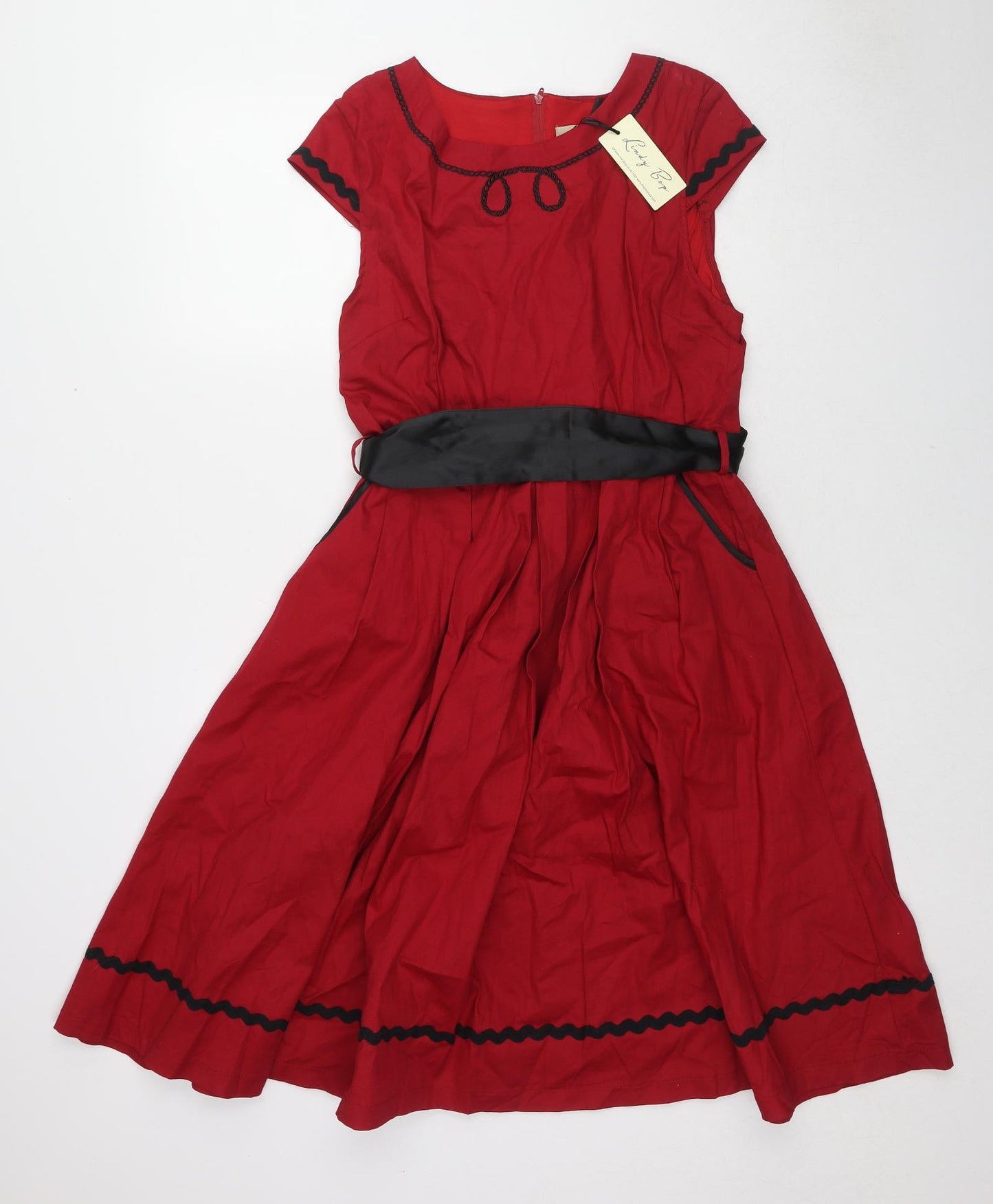 Lindy Bop Womens Red Cotton A-Line Size 14 Round Neck Zip