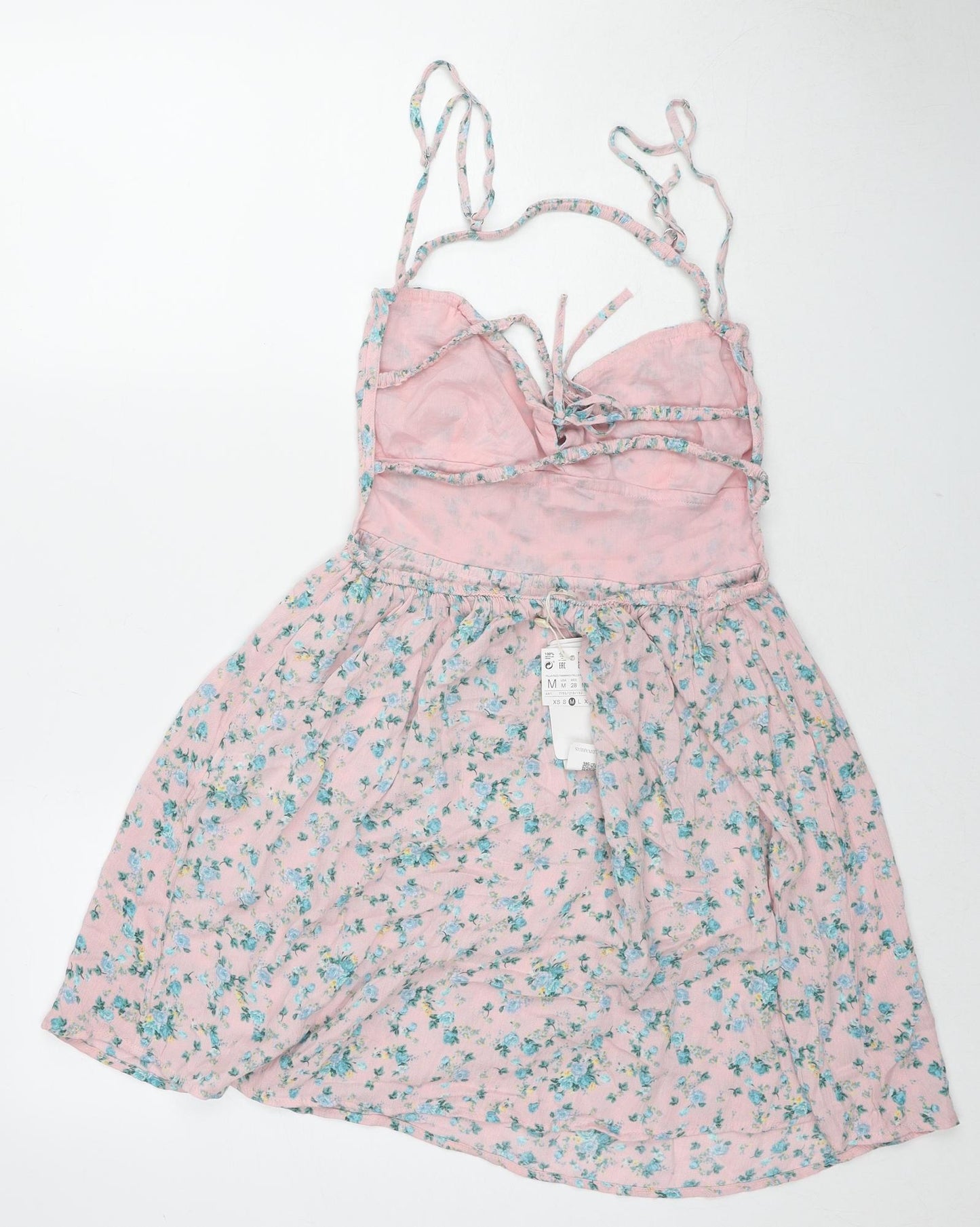 Stradivarius Womens Pink Floral Viscose A-Line Size M V-Neck Pullover - Open Back