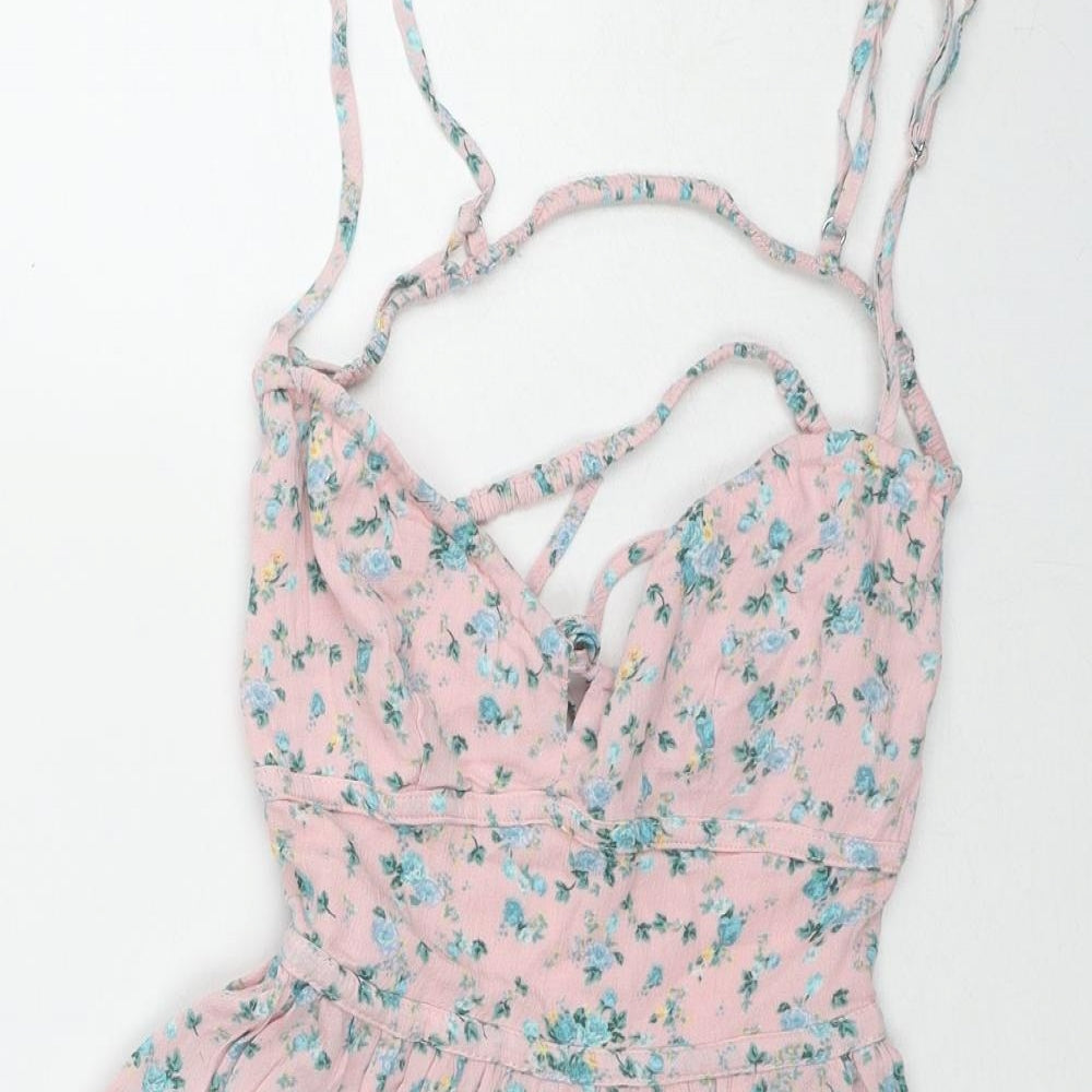 Stradivarius Womens Pink Floral Viscose A-Line Size M V-Neck Pullover - Open Back