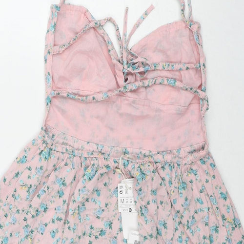 Stradivarius Womens Pink Floral Viscose A-Line Size M V-Neck Pullover - Open Back