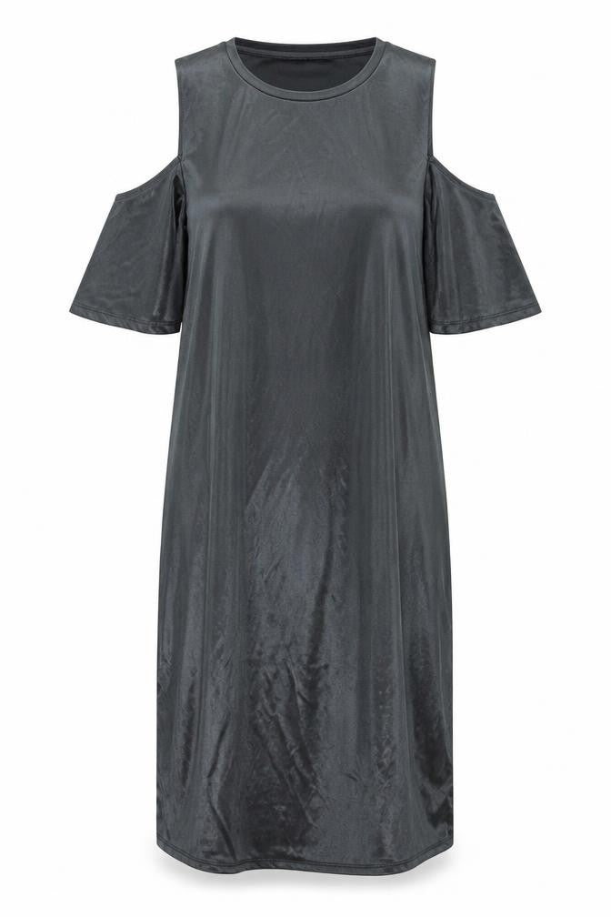 Front view of Zara women’s grey viscose a-line, size S, round neck pullover - cold shoulder