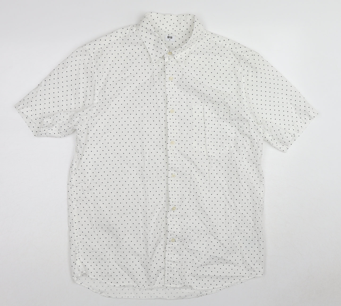 Uniqlo Mens White Polka Dot Cotton Button-Up Size M Collared Button