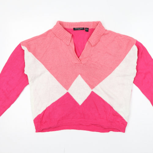 Brave Soul Womens Pink Collared Argyle/Diamond Acrylic Pullover Jumper Size S