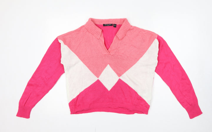 Brave Soul Womens Pink Collared Argyle/Diamond Acrylic Pullover Jumper Size S
