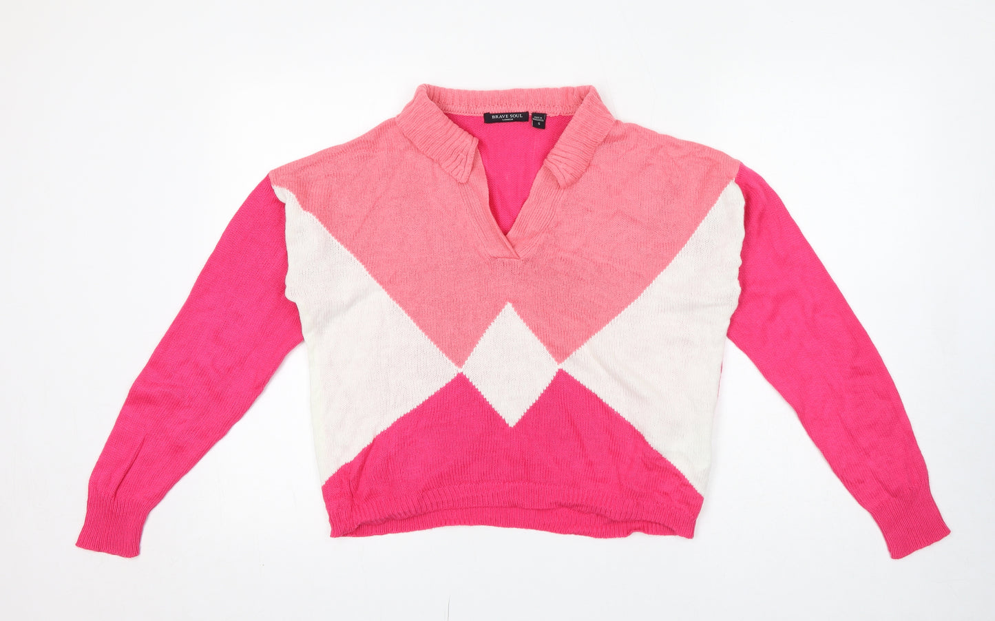 Brave Soul Womens Pink Collared Argyle/Diamond Acrylic Pullover Jumper Size S
