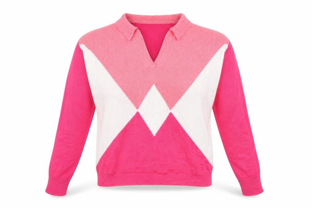 Front view of Brave Soul women’s pink collared argyle/diamond acrylic jumper, size S