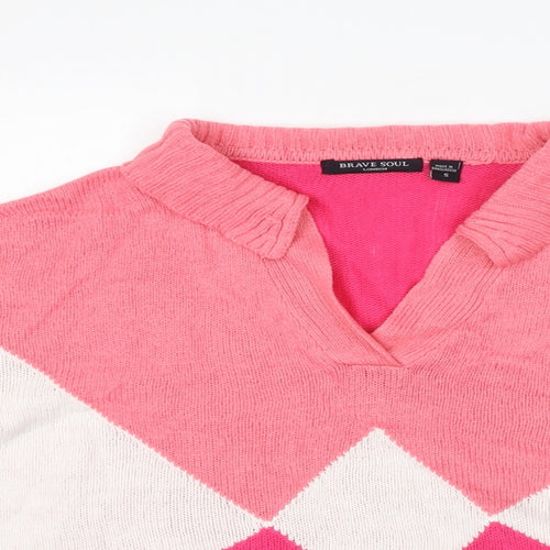 Brave Soul Womens Pink Collared Argyle/Diamond Acrylic Pullover Jumper Size S