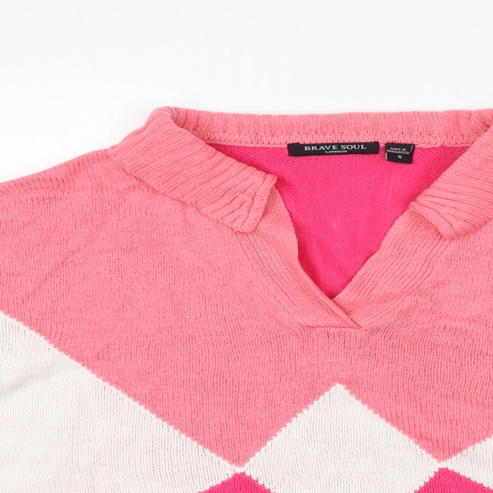 Brave Soul Womens Pink Collared Argyle/Diamond Acrylic Pullover Jumper Size S
