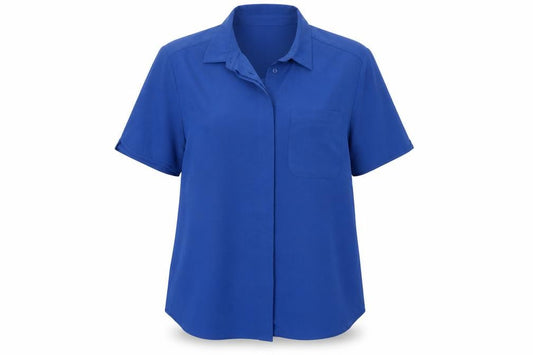 Front view of Classics women’s blue polyester basic button-up, size UK 16, collared
