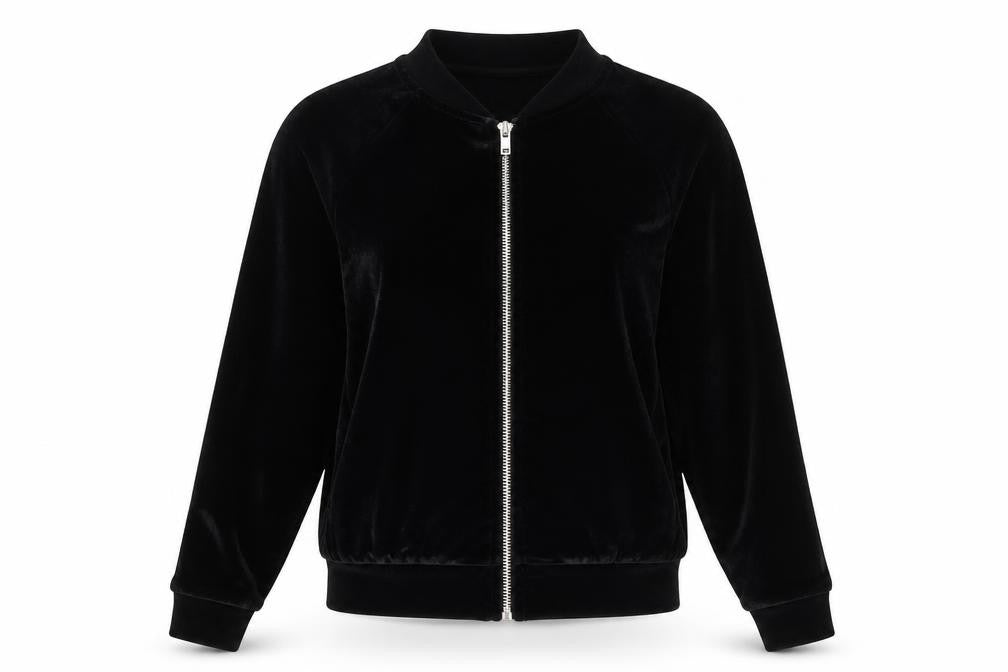Front view of Boohoo women’s black polyester full zip sweatshirt, size UK 10, zip