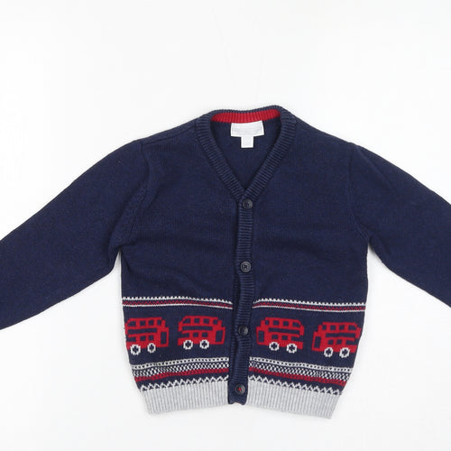 The Little White Company Boys Blue V-Neck Cotton Cardigan Jumper Size 3-4 Years Button - Double Decker Bus