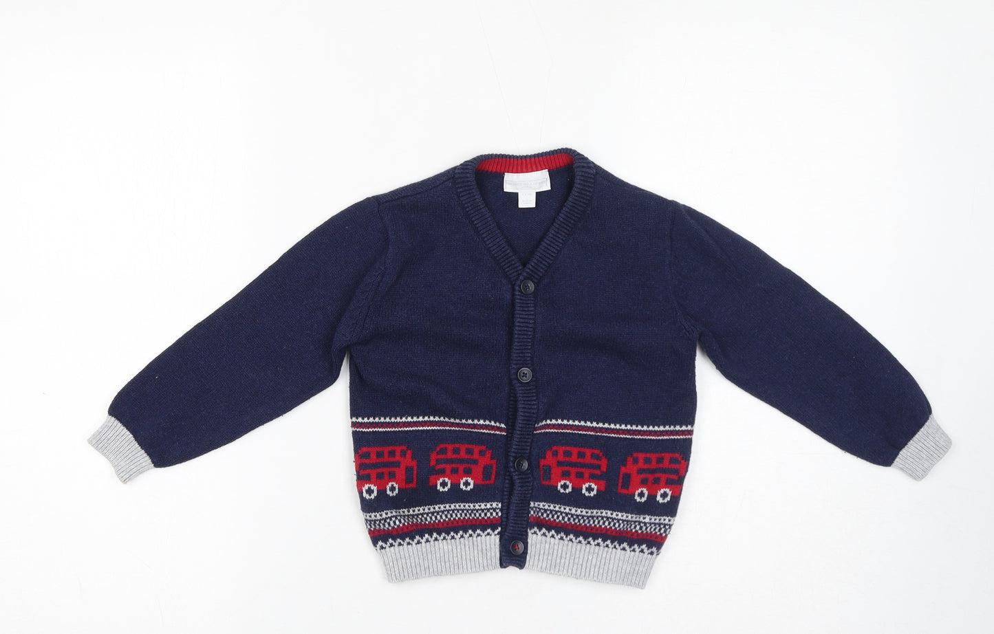 The Little White Company Boys Blue V-Neck Cotton Cardigan Jumper Size 3-4 Years Button - Double Decker Bus