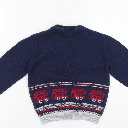 The Little White Company Boys Blue V-Neck Cotton Cardigan Jumper Size 3-4 Years Button - Double Decker Bus