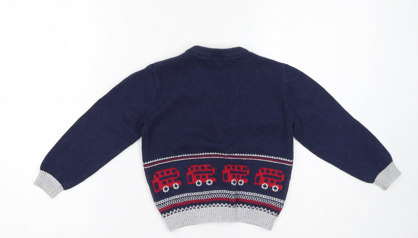 The Little White Company Boys Blue V-Neck Cotton Cardigan Jumper Size 3-4 Years Button - Double Decker Bus