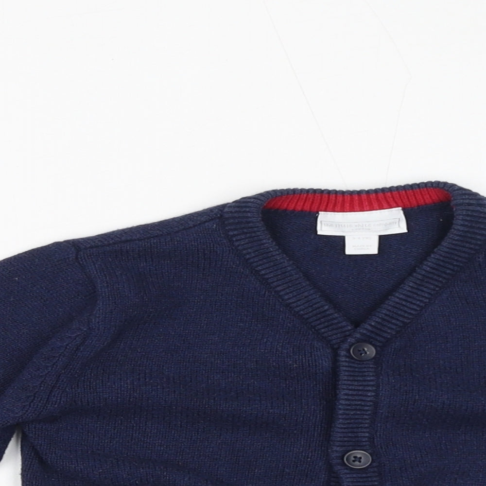 The Little White Company Boys Blue V-Neck Cotton Cardigan Jumper Size 3-4 Years Button - Double Decker Bus