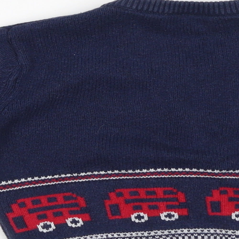The Little White Company Boys Blue V-Neck Cotton Cardigan Jumper Size 3-4 Years Button - Double Decker Bus