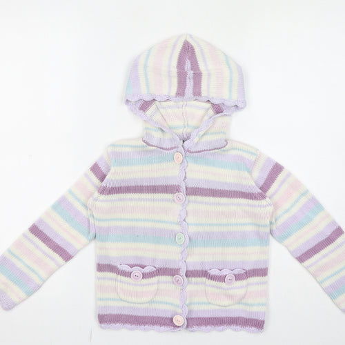 M&Co Girls Purple Round Neck Striped Acrylic Cardigan Jumper Size 4-5 Years Button