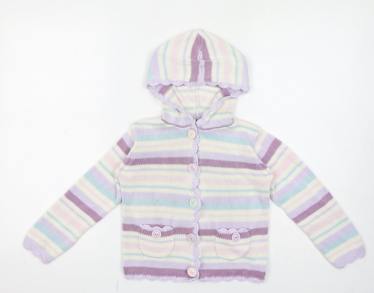 M&Co Girls Purple Round Neck Striped Acrylic Cardigan Jumper Size 4-5 Years Button