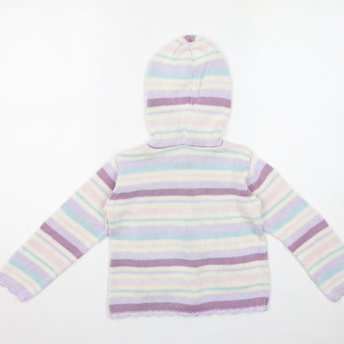M&Co Girls Purple Round Neck Striped Acrylic Cardigan Jumper Size 4-5 Years Button