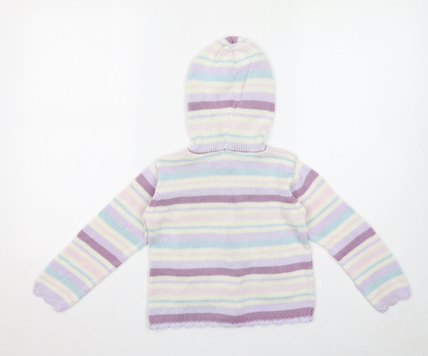 M&Co Girls Purple Round Neck Striped Acrylic Cardigan Jumper Size 4-5 Years Button
