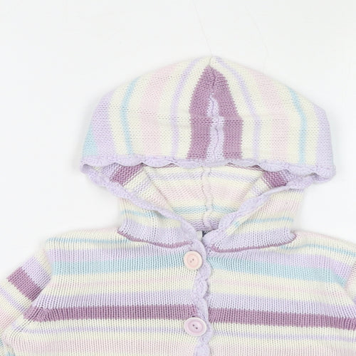 M&Co Girls Purple Round Neck Striped Acrylic Cardigan Jumper Size 4-5 Years Button