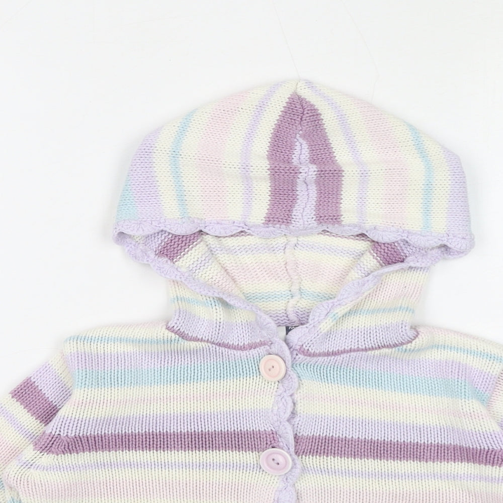 M&Co Girls Purple Round Neck Striped Acrylic Cardigan Jumper Size 4-5 Years Button