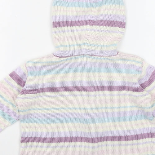 M&Co Girls Purple Round Neck Striped Acrylic Cardigan Jumper Size 4-5 Years Button