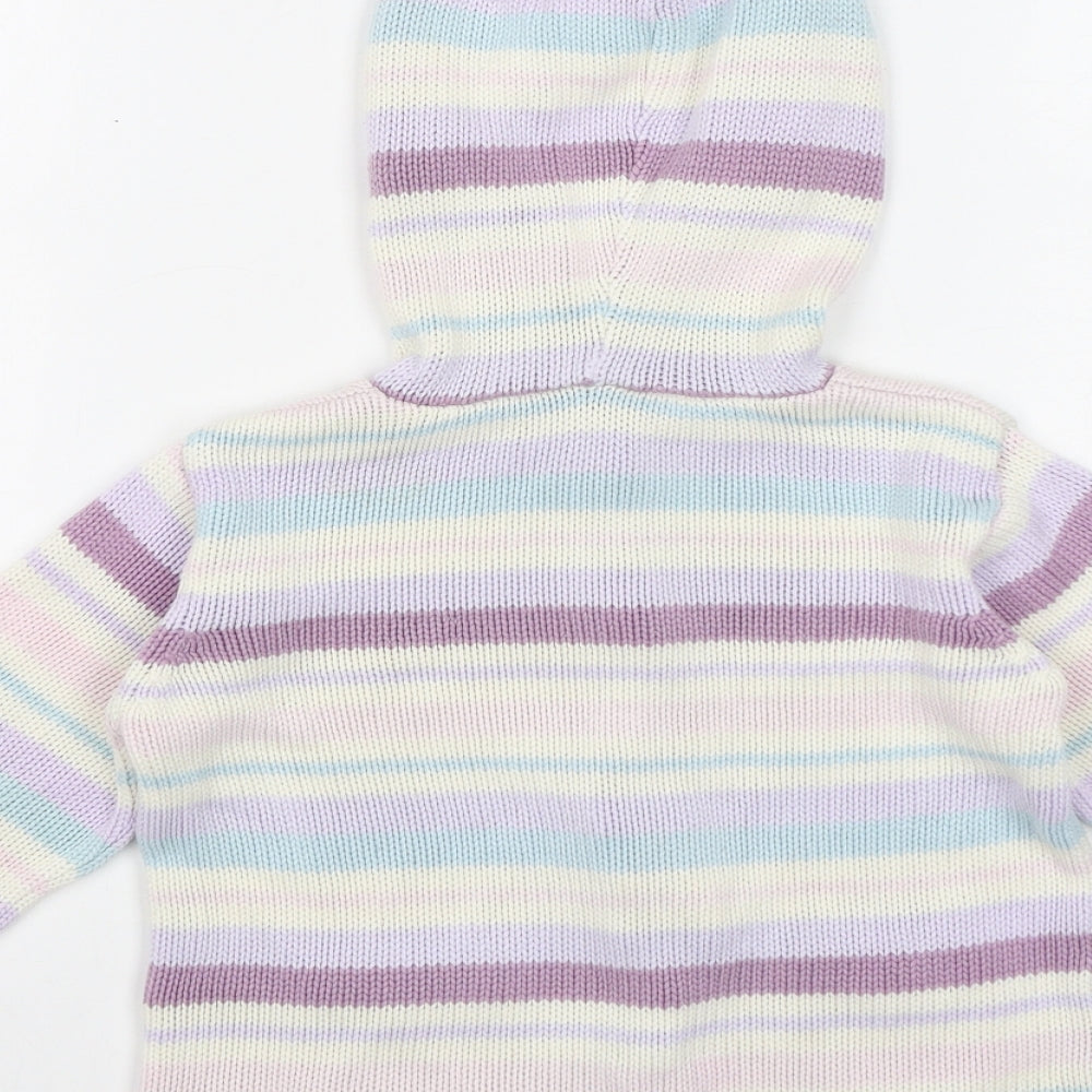 M&Co Girls Purple Round Neck Striped Acrylic Cardigan Jumper Size 4-5 Years Button