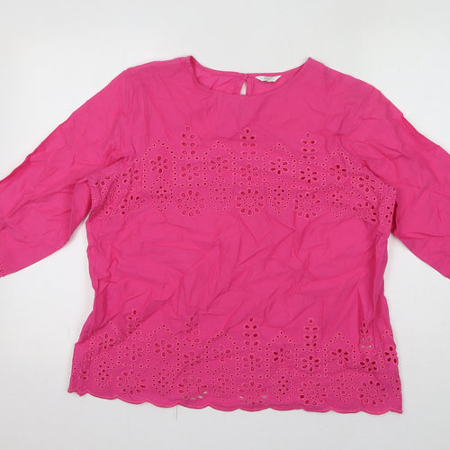 Cotton Traders Womens Pink 100% Cotton Basic Blouse Size 14 Round Neck - Broderie Anglaise