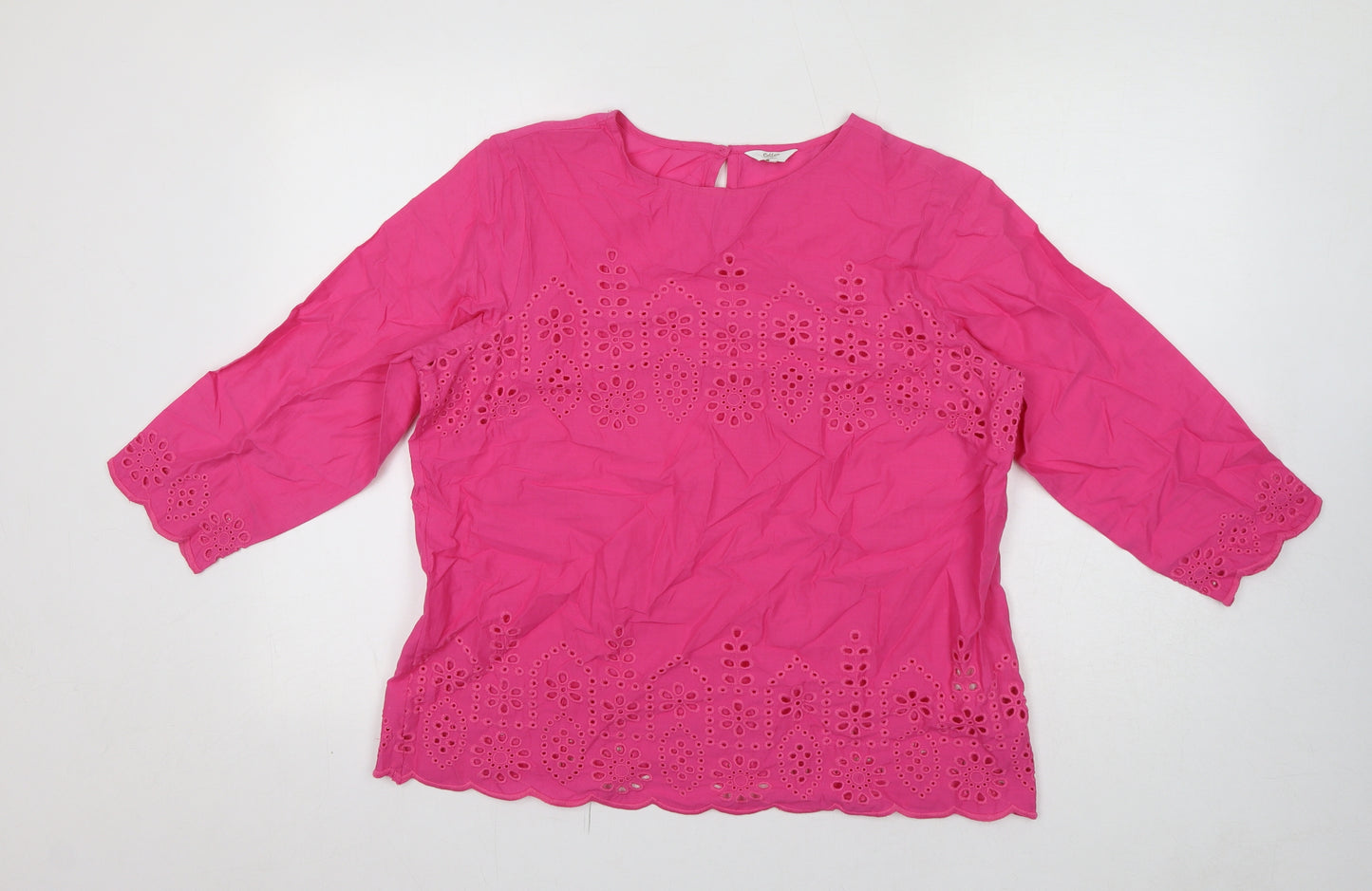 Cotton Traders Womens Pink 100% Cotton Basic Blouse Size 14 Round Neck - Broderie Anglaise