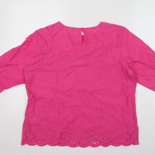 Cotton Traders Womens Pink 100% Cotton Basic Blouse Size 14 Round Neck - Broderie Anglaise