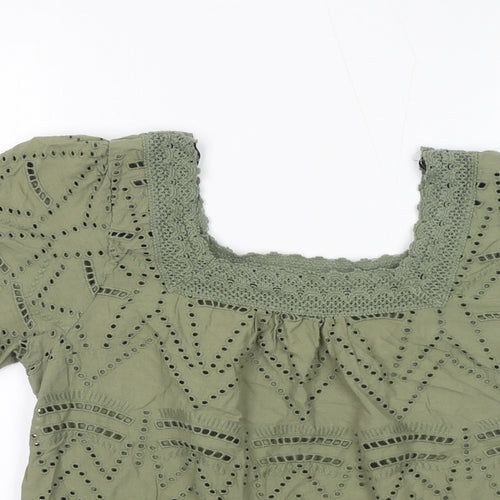Dorothy Perkins Womens Green 100% Cotton Basic Blouse Size 12 Square Neck - Broderie Anglaise