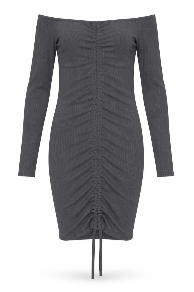 Front view of PRETTYLITTLETHING women’s grey polyester bodycon, size UK 8, off the shoulder pullover