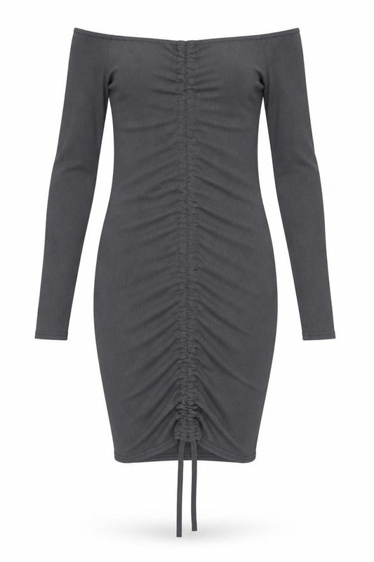 Front view of PRETTYLITTLETHING women’s grey polyester bodycon, size UK 8, off the shoulder pullover