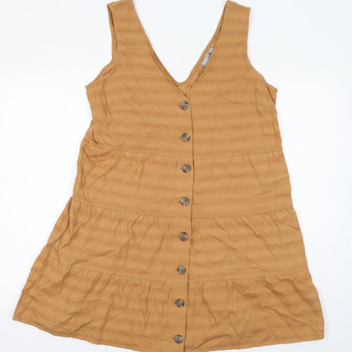 ASOS Womens Brown Striped 100% Cotton Pinafore/Dungaree Dress Size 12 V-Neck Button