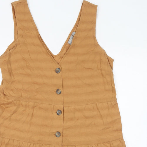 ASOS Womens Brown Striped 100% Cotton Pinafore/Dungaree Dress Size 12 V-Neck Button