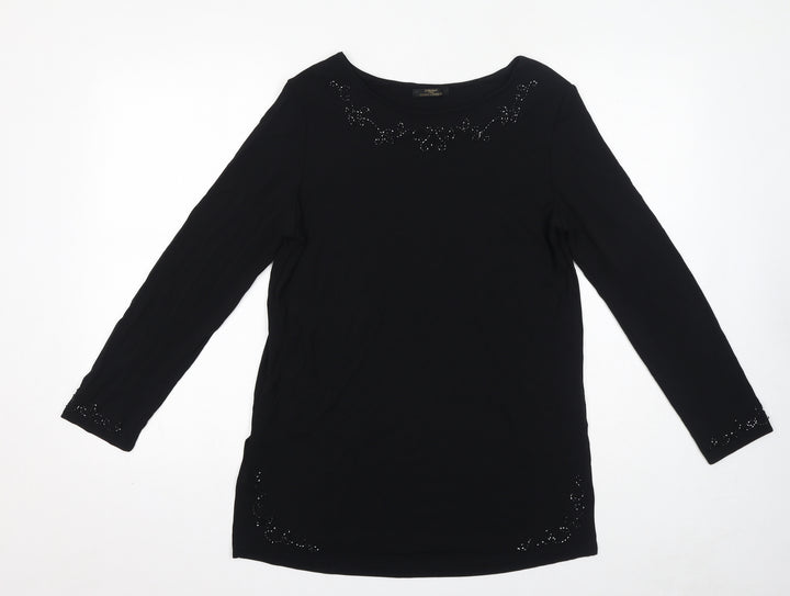 St Michael Womens Black Viscose Basic T-Shirt Size 12 Boat Neck - Embellished
