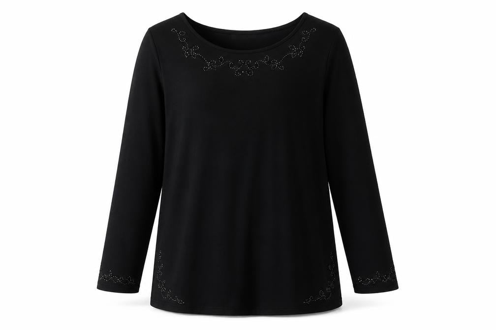 Front view of St Michael women’s black viscose basic t-shirt, size UK 12, boat neck - embellished