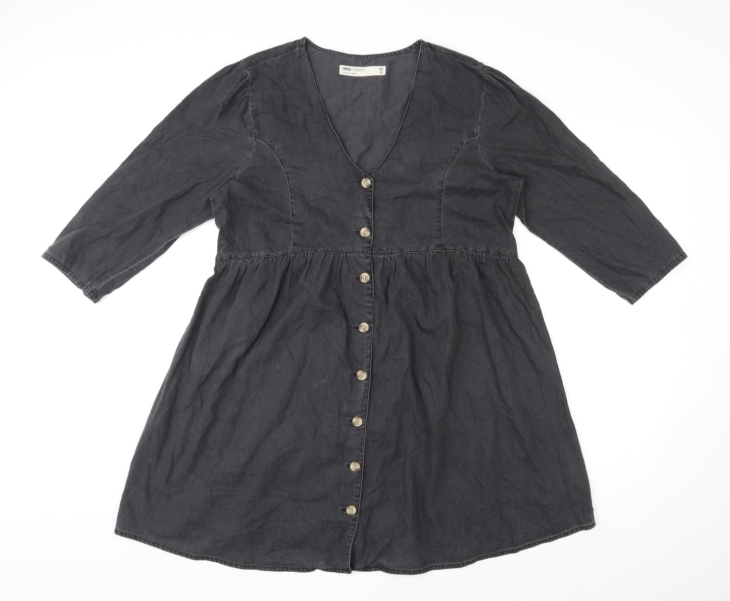 ASOS Womens Black Cotton A-Line Size 12 V-Neck Button