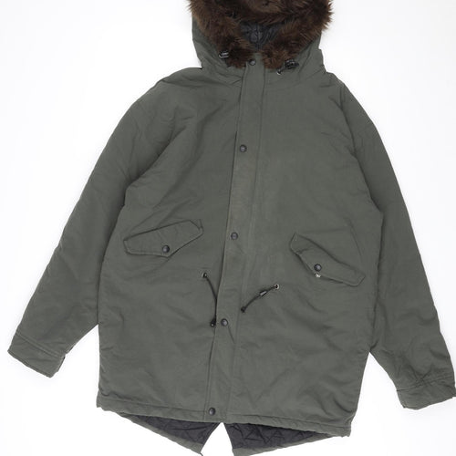 Vintage Mens Green Parka Coat Size M Zip - Faux Fur Trim